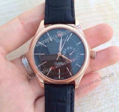 Copy Rolex Geneve Cellini Black Dial Rose Gold Watch 39mm